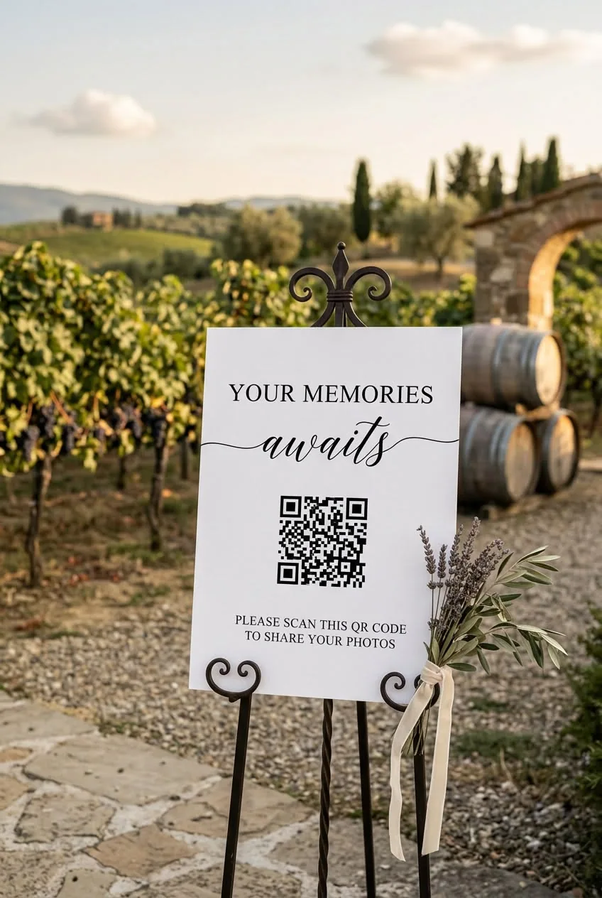 Código QR para compartir fotos en una boda, junto a un viñedo